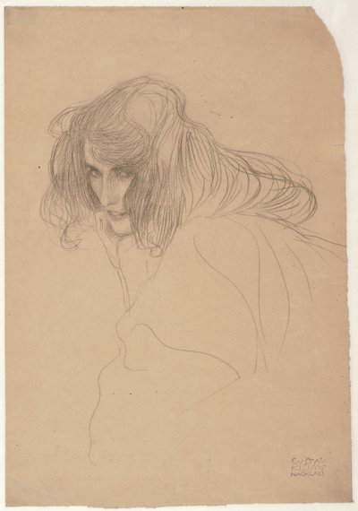 Studie av en kvinnes hode i trekvart profil Study for Unchastity in the Beethoven Frieze, ca. 1901-1902 av Gustav Klimt