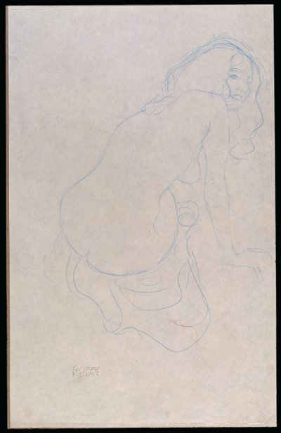 Kvinne som lener seg til høyre med langt hår, ca. 1910-11 av Gustav Klimt