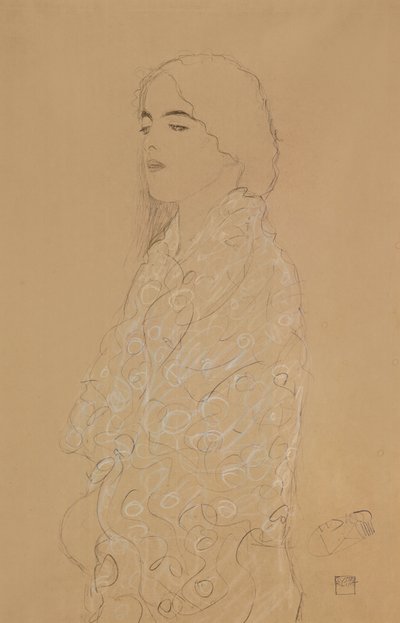 Kvinne med hvitt sjal (blyant med hvitt og rødt kritt på papir) av Gustav Klimt