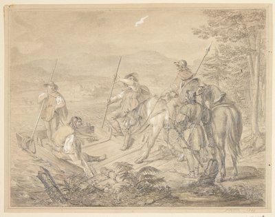 Landskap med ryttere ved en ferge av Gustav Schlick