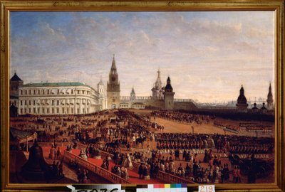 Militærparade under kroningen av keiser Alexander II (1818-1881) i Kreml i Moskva, 18. februar 1855. Maleri av Gustav Schwarz (ca. 1800-etter 1855), olje på lerret av Gustav Schwarz