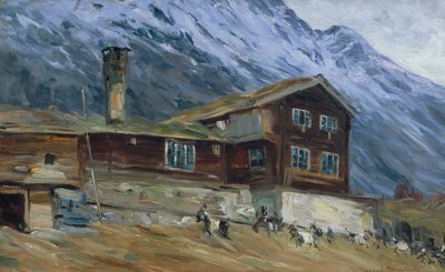 Fjellgård i snølandskap av Gustav Wentzel