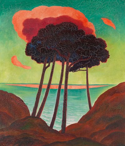 Furutrær med en rød sky, ca. 1909. av Gustav Wunderwald