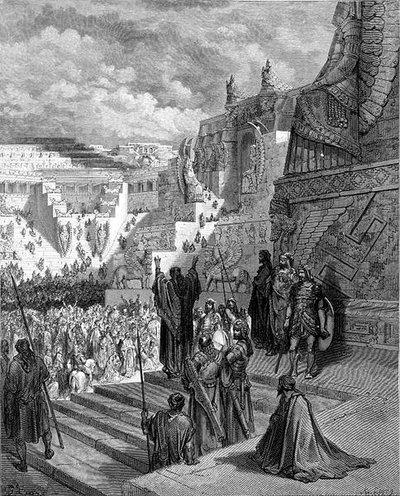 Artaxerxes gir frihet til jødene, gravert av Ligny, ca. 1868 (gravering) av Gustave (after) Dore