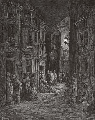 Bluegate Fields slumkvarter, London på 1800-tallet. (skrive ut) av Gustave (after) Dore