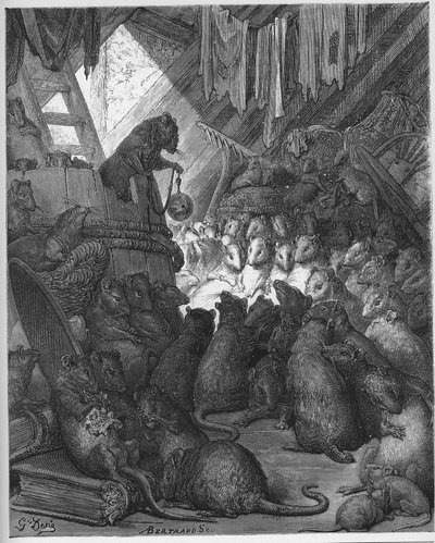 Råd holdt av rotter - Musene i råd - fra 'Fables' av Jean de La Fontaine (Lafontaine) (1621-95) - gravering etter Gustave Dore (1832-83) - Privat samling av Gustave (after) Dore
