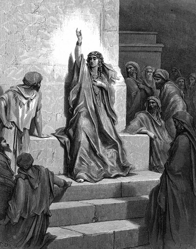 Deborah, hebraisk profetinne som reddet sitt folk fra Jabin, Kanaans konge, og hans general Sisera, og sang hennes triumfsang. Dommerne 5:1. 1200-tallet f.Kr. Fra Gustave Dores illustrerte bibel 1866. Trestikk. av Gustave (after) Dore