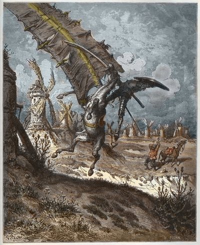Don Quixote and the Windmills fra "Don Quixote de la Mancha" av Miguel Cervantes (1547-1616) (Don Quixote) - gravert av Heliodore Joseph Pisan (1822-90) etter tegning av Gustave Dore av Gustave (after) Dore