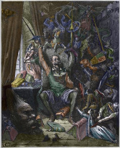 Don Quixote in his study surrounded by the phantoms of his daydreams - Don Quixote de la Mancha 