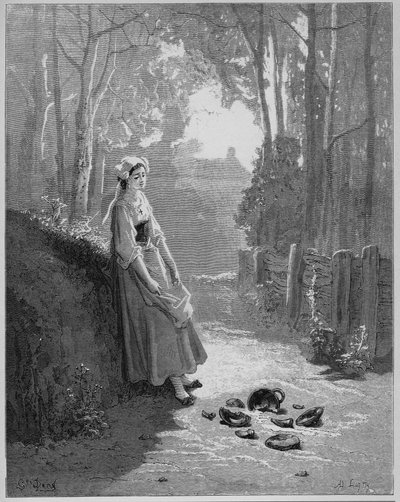 La laitiere et le jug a lait - Melkejenta og spann hennes - fra 'Fables' av Jean de La Fontaine (Lafontaine) (1621-95) - gravering etter Gustave Dore (1832-83) - Privat samling av Gustave (after) Dore
