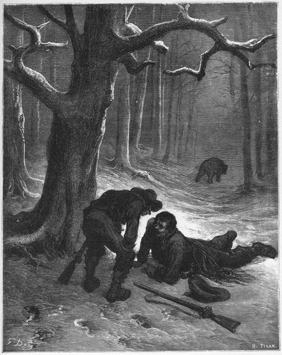 Bjørnen og de to følgesvennene - Bjørnen og de reisende - fra 'Fables' av Jean de La Fontaine (Lafontaine) (1621-95) - gravering etter Gustave Dore (1832-83) - Privat samling av Gustave (after) Dore