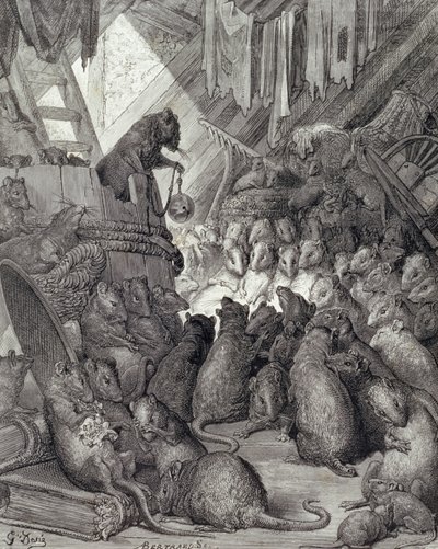 Rådet holdt av rottene, fra fabler i La Fontaine, gravert av Antoine Valerie Bertrand (f.1823) ca. 1868 (gravering) av Gustave (after) Dore