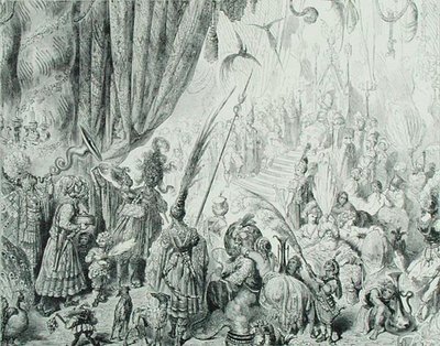 Retten til kongen av Serendib, ca. 1868 (gravering) av Gustave (after) Dore