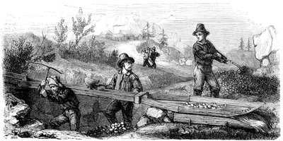 Franske gruvearbeidere som arbeider med en lang tomsluse, California, 1800-tallet. av Gustave Adolphe Chassevent Bacques