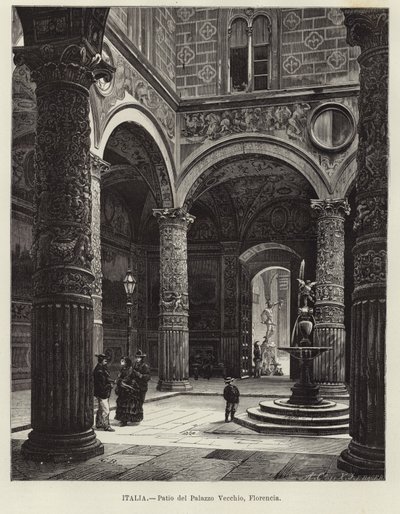 Italia - Gårdsplassen til Palazzo Vecchio, Firenze av Gustave Bauernfeind