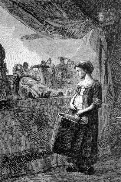 Cosette foran leketøysbutikken - i "" Les Miserables"" av Victor Hugo, ill. av Brion, red. Hetzel og Lacroix av Gustave Brion