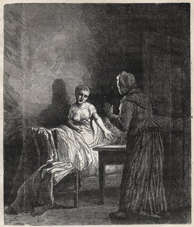Marguerite kommer inn på Fantines rom og Fantine viser ham to Napoleoner (mynt) som kan redde Cosette, datteren hans - Illustrasjon av Gustave Brion (1824-1877) for "The Miserables - First part: Fantine" av Victor Hugo (1802-1885) 1862 av Gustave Brion
