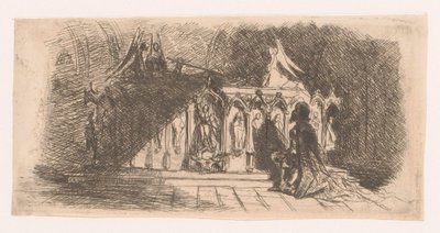 Mann kneler foran en gotisk grav av Gustave Buschmann