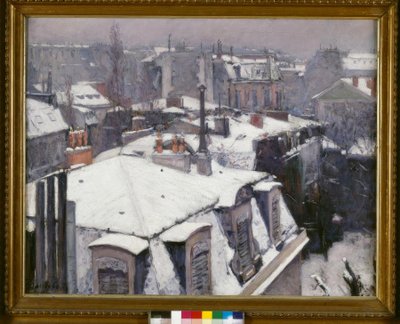 Utsikt over tak (Snøeffekt), sier Tak under snøen av Gustave Caillebotte