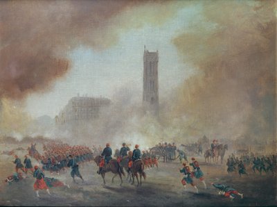 Paris Commune: slåss foran Tour Saint-Jacques, 1871 av Gustave Clarence Rodolphe Boulanger