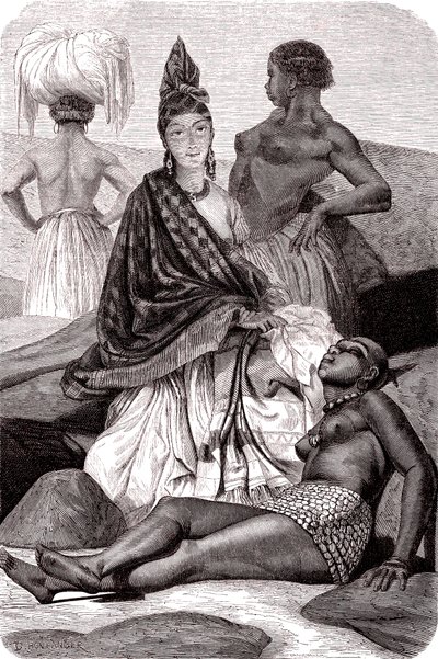 Signare, de mulatt-franske afrikanske kvinnene på øya Goree, Senegal. 1861 (gravering) av Gustave Clarence Rodolphe Boulanger