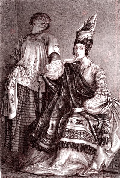 Signare, de mulatt-franske afrikanske kvinnene i byen Saint Louis, Senegal. 1861 (gravering) av Gustave Clarence Rodolphe Boulanger
