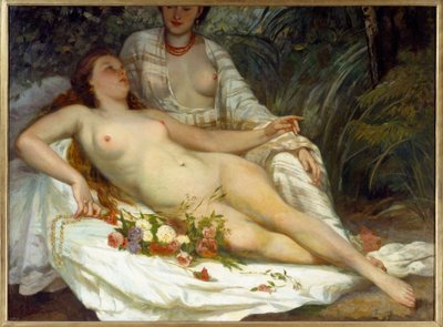 Badegjester sier to nakne kvinner. Maleri av Gustave Courbet (1819-1877) av Gustave Courbet