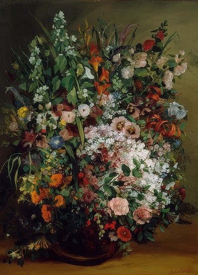 Bukett med blomster i en vase. 1862 av Gustave Courbet