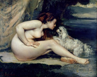 Naken kvinne med en hund (Portrett av Leotine Renaude) 1861-62 (olje på lerret) av Gustave Courbet