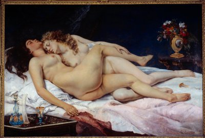 Sove. To nakne kvinner omfavnet i en seng av Gustave Courbet