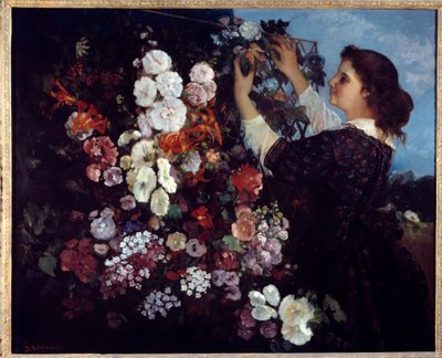 Kvinnen med blomster eller gitteret. Maleri av Gustave Courbet (1819-1877) av Gustave Courbet