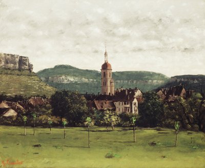 Utsikt over Ornans og dets klokketårn, ca. 1858 av Gustave Courbet