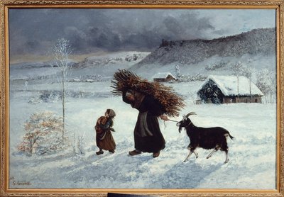 Landsbyfattigdom, Ornans. En bonde og datteren hennes har med seg brød, vedkøyer og en geit som vinterforråd. Maleri av Gustave Courbet (1819-1877) 1800-tallets søn. 1,26 X 0,85 m. Privat samling av Gustave Courbet