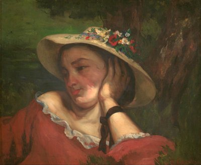 Unge damer på bredden av Seinen - fragment av et maleri (Kvinne med blomster på hatten) av Gustave Courbet