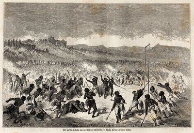 Et ballspill blant Choctaws-indianerne, stamme i Mississippi-regionen, tegnet av Gustave Dore (1832-1883), for å illustrere Mississippi-reisen til Stillehavet i 1853-54 av Baudouin Mollhausen (1825-1905). Gravering i "" Le tour du monde, nouveau  av Gustave Dore
