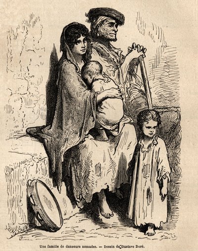 En familie av nomadedansere hviler i gatene i Sevilla. Skisse tatt live av Gustave Dore (1832-1883). Gravering for å illustrere reisen i Spania, i 1862 av Charles Davillier og Gustave Dore, i "Le tour du monde, nouveau journal des voyag av Gustave Dore