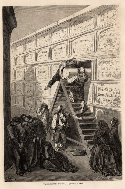 En begravelse i Barcelona, tegning av Gustave Dore (1832-1883), for å illustrere hans reise til Spania, med C. Davillier, i 1862. Gravering i "" Le tour du monde ", redigert av Edouard Charton av Gustave Dore