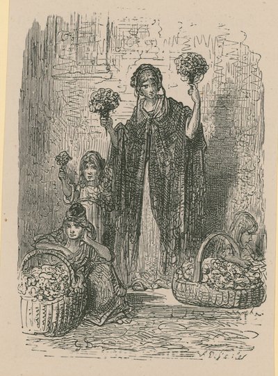 En gruppe unge kvinner som selger blomster fra kurver av Gustave Dore