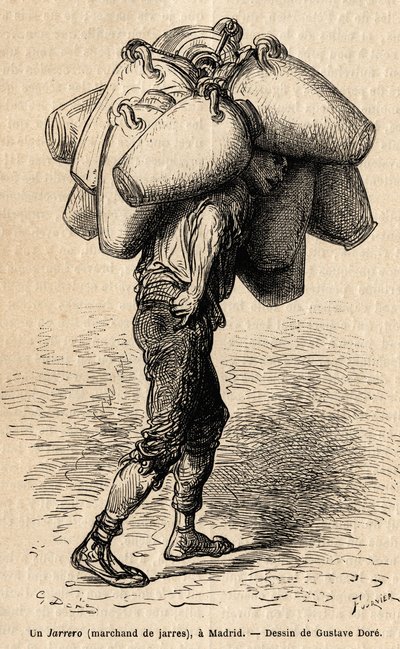 En krukkehandler, skisse på det livlige tatt i Madrid. Gravering av Gustave Dore (1832-1883) for å illustrere reisen til Spania, med Ch. Davillier (redaktør), i 1862, publisert i "" Le tour du monde""" 1869, redigert av Edouard Charton, Hachette-utgaven, P av Gustave Dore