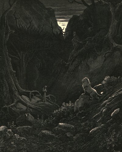 En løve kom, mot meg som det ser ut, c1890. av Gustave Dore
