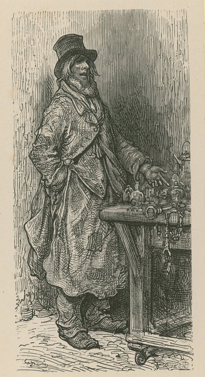 En mann står og selger varene sine fra en markedsbod av Gustave Dore