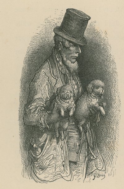 En mann med topphatt mens han holder to hunder i hendene av Gustave Dore