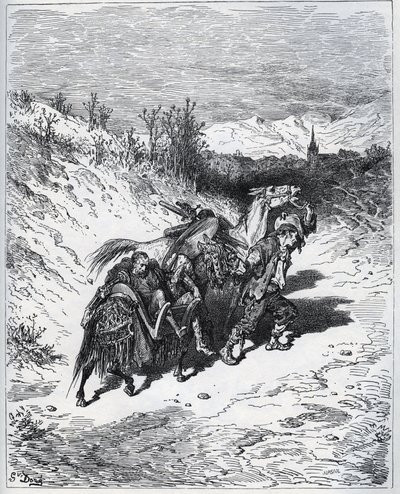 En pløyer bringer Don Quixote og Rossinante tilbake til landsbyen - fra «Don Quixote de la Mancha»» av Miguel Cervantes av Gustave Dore