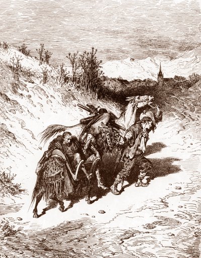 En plogmann fra sin egen landsby tar med Quixote hjem Gravering av Gustave Dore (1832-1883) for «L'Ingenieux Hidalgo Don Quixote de la Manche (Quixote - Quijote)» av Miguel de Cervantes (1547-1616) 1863 Privat samling av Gustave Dore