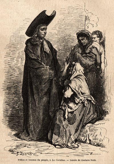 En prest og en kvinne av folket, kledd i filler; de profesjonelle spanske tiggerne slo seg ned på kirkenes domstoler for å utnytte den kristne nestekjærligheten dyktig. Skisse tatt live av Gustave Dore (1832-1883). Gravering for å illustrere reisen av Gustave Dore
