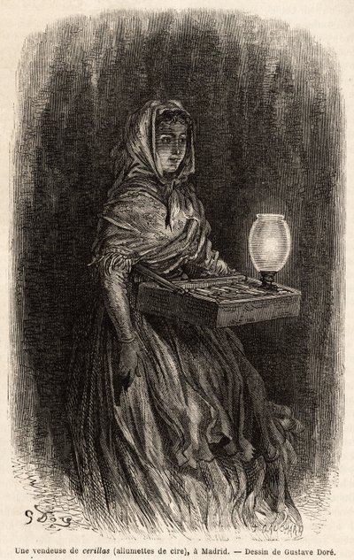 En selger av voks fyrstikker, sketch på live i puerta del sol, i Madrid. Gravering av Gustave Dore (1832-1883) for å illustrere hans reise til Spania, med Ch. Davillier (redaktør), i 1862, publisert i "" Le tour du monde""" 1869, redigert av Edouard Charto av Gustave Dore