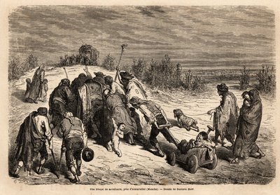 En gruppe tiggere og bevegelseshemmede, en veritabel domstol for mirakler, er på vei til en flid for å be om almon i nærheten av Almuradiel (Mancha-provinsen). Tegning av Gustave Dore (1832-1883). Gravering for å illustrere reisen i Spania, i 1862 av Charl av Gustave Dore