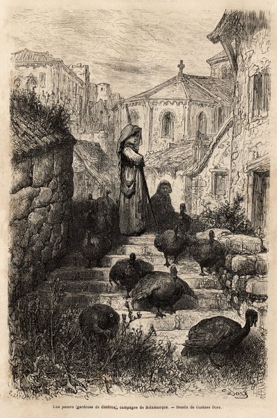 En kalkunholder, i gatene i en landsby på landsbygda i Salamanca. Tegning av Gustave Dore (1832-1883). Gravering for å illustrere reisen i Spania, av Charles Davillier, i 1862, publisert i "" Le tour du monde""" 1872, redigert av E av Gustave Dore