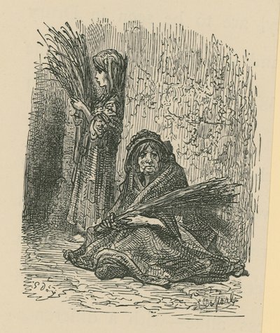 En kvinne og en ung jente som selger tørre blomster av Gustave Dore
