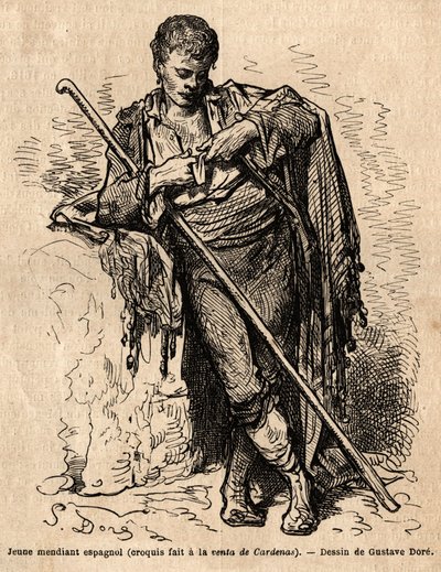 En ung tigger, a la vente de Cardenas, et vertshus på veien til Almaden (provinsen Kanalen). Skisse tatt live av Gustave Dore (1832-1883). Gravering for å illustrere reisen i Spania, i 1862 av Charles Davillier og Gustave Dore, i "Le tour d av Gustave Dore